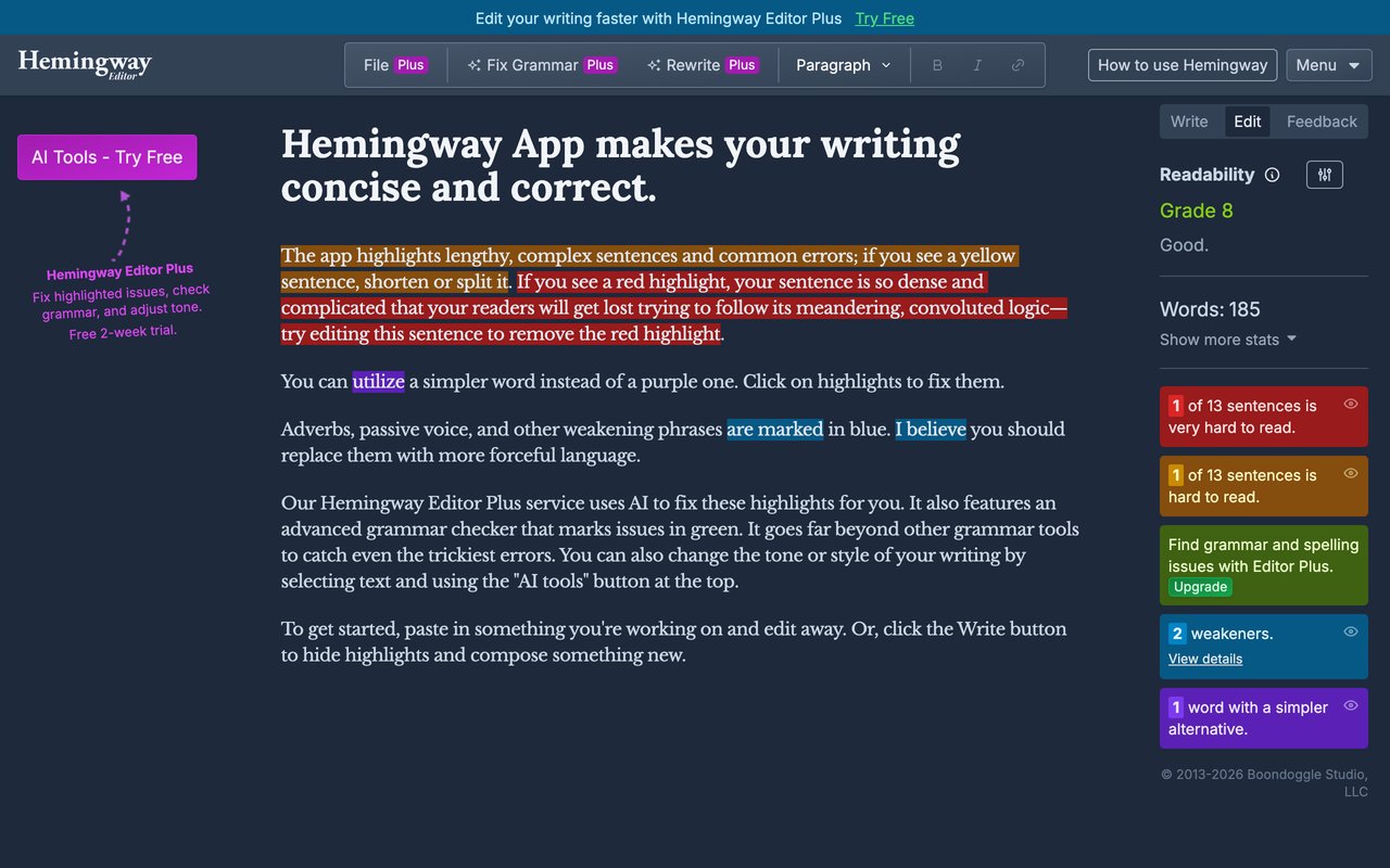 Hemingway Editor — official page screenshot 1