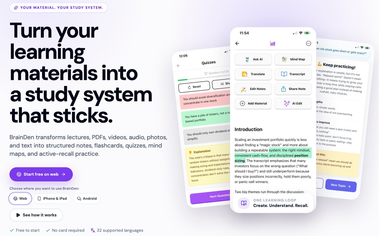 BrainDen — official page screenshot 1
