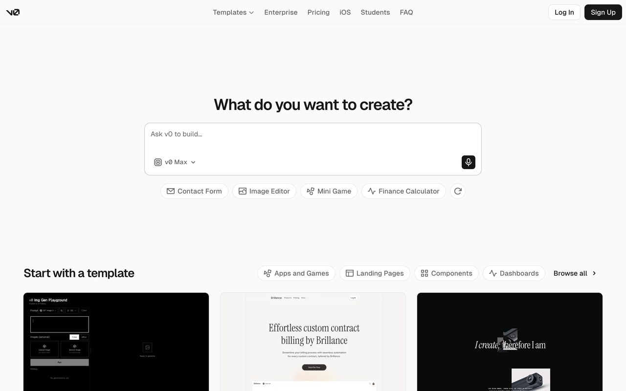 v0 by Vercel — official site screenshot